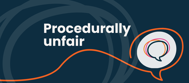 'Procedurally unfair' in white font over charcoal background with an NSO logo.