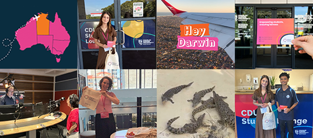 NSO trip to Darwin Collage of images from the NSO's trip to Darwin, including staff radio interviews, staff with students, crocodiles, an animation of a plane flying to Darwin, a view from the plane window, and staff holding NSO branded cards and tote bags.