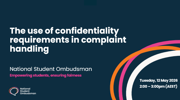 Navy blue background with NSO logo and white text reading 'The use of confidentiality requirements in complaint handling - Tuesday 12 May 2026 2:00-3:00pm (AEST)