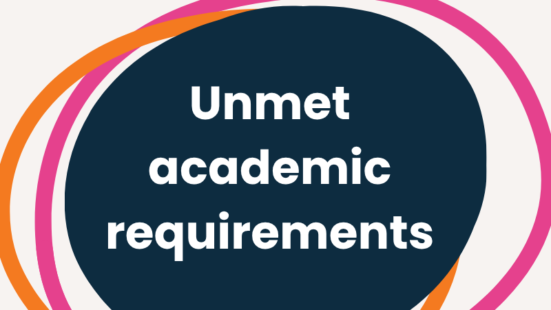 Case Study image - the wording 'Unmet academic requirements' in white on a blue back with orange and pink stripes around it